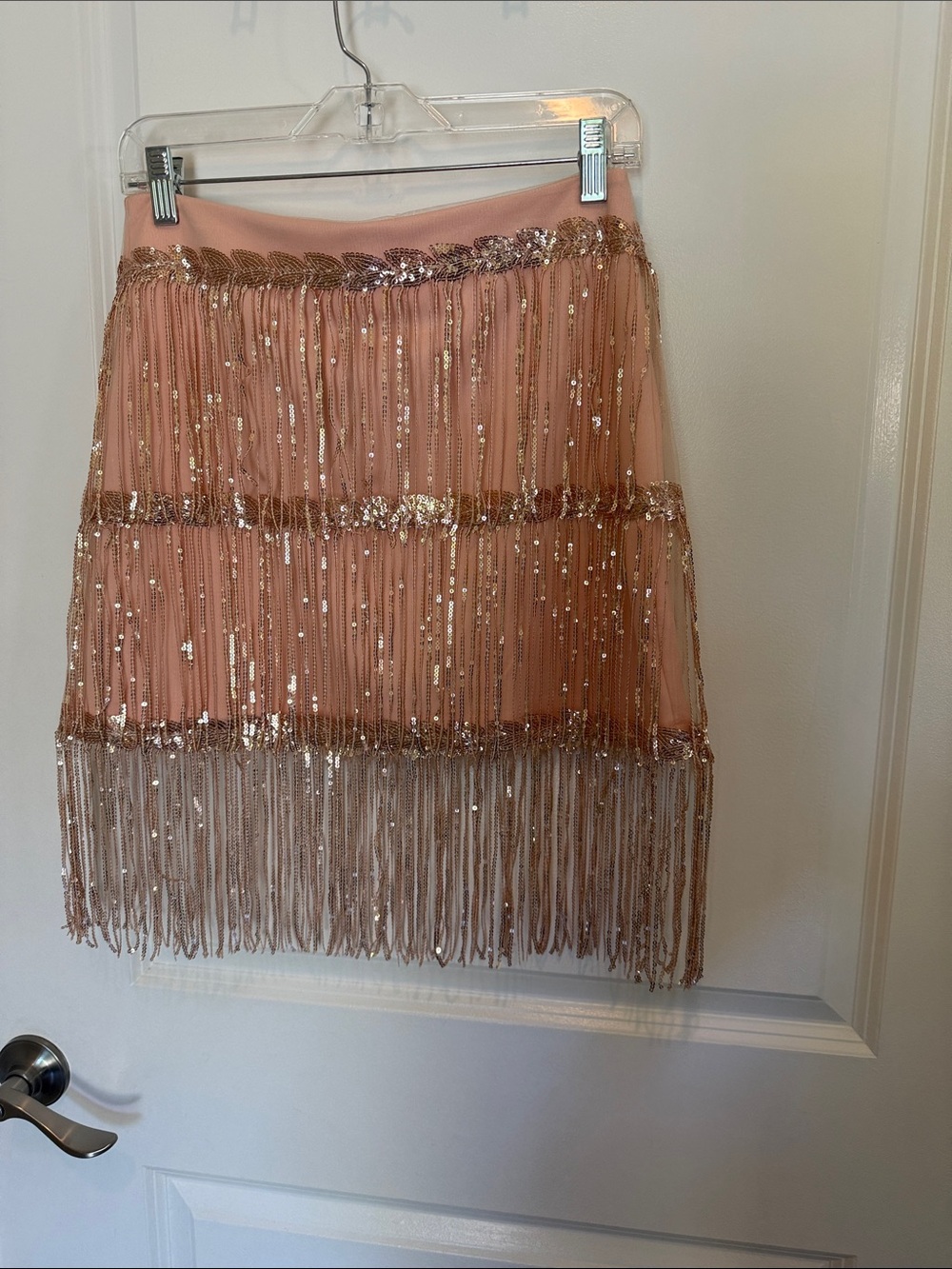 Blush Pink Beaded Fringe Mini Skirt